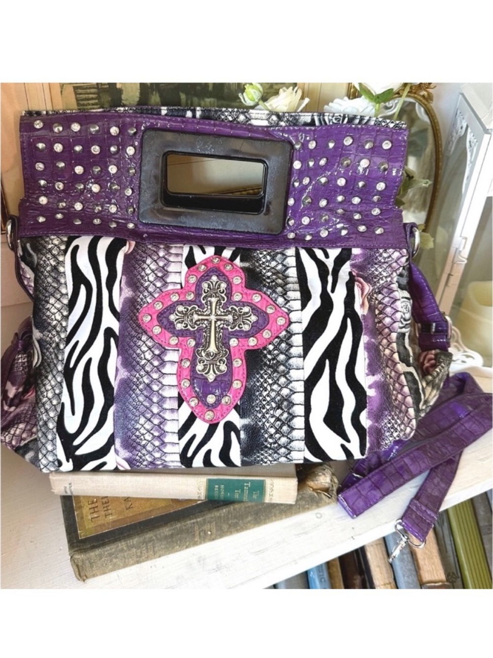 Boutique rhinestone cross/ animal print purple and pink handbag